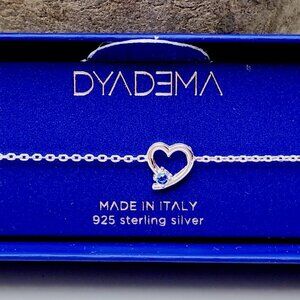 NWT Dyadema Italy Open Heart Blue 925 Sterling Silver Dainty Chain Bracelet